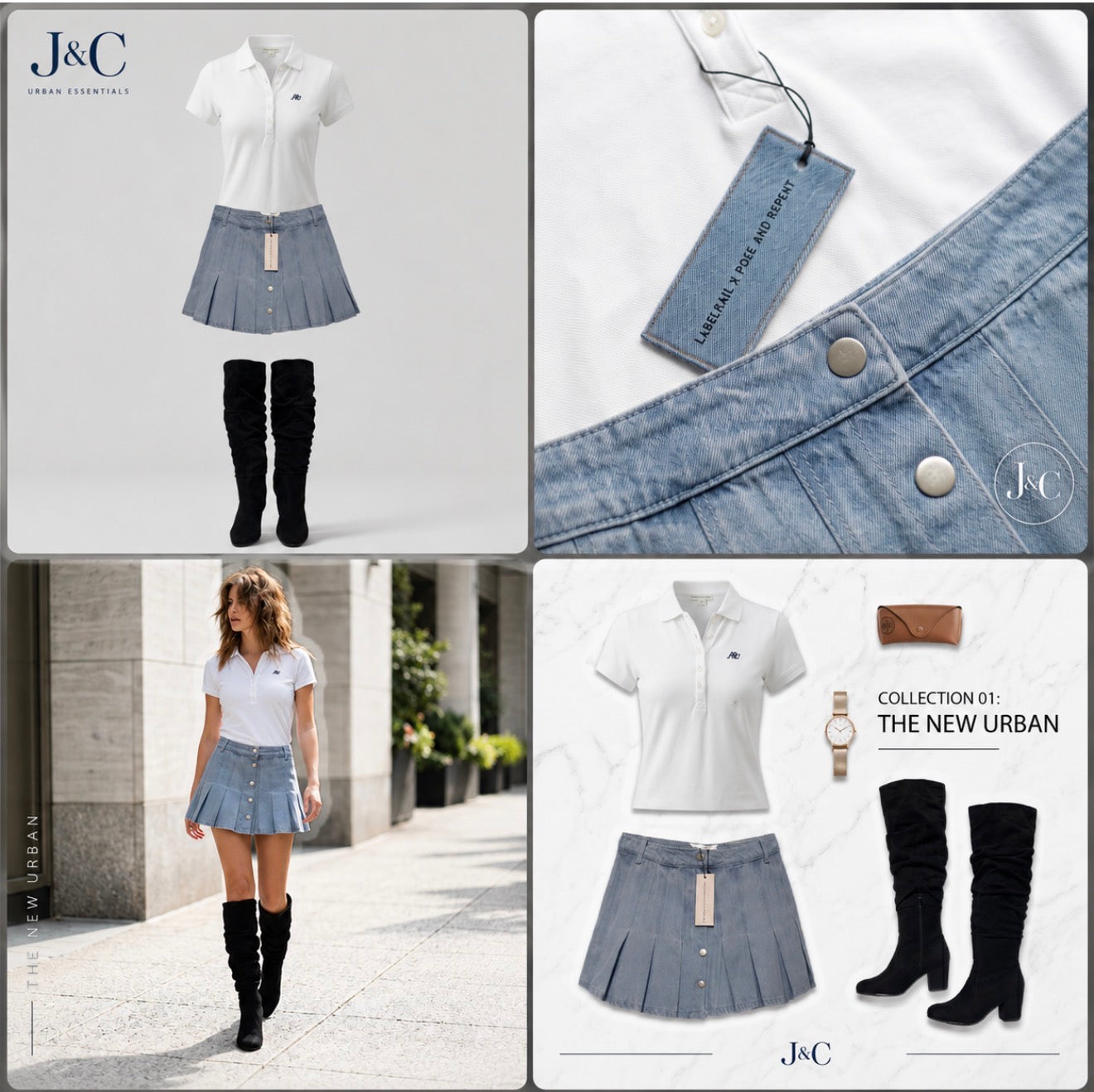 Collage of a fashion outfit with white shirt, pleated skirt, and knee-high boots, featuring J&C brand.