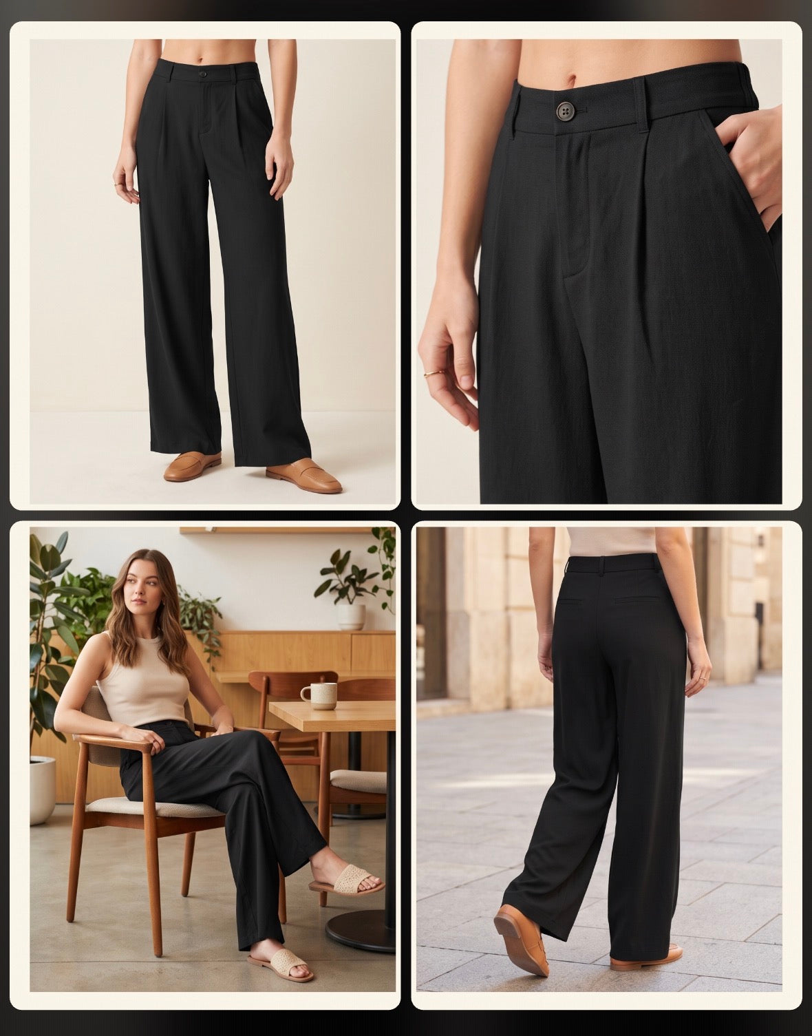 Collage — "Willit black wide-leg trousers – four-panel collage showing front, waistband button detail, seated lifestyle shot, and back view"