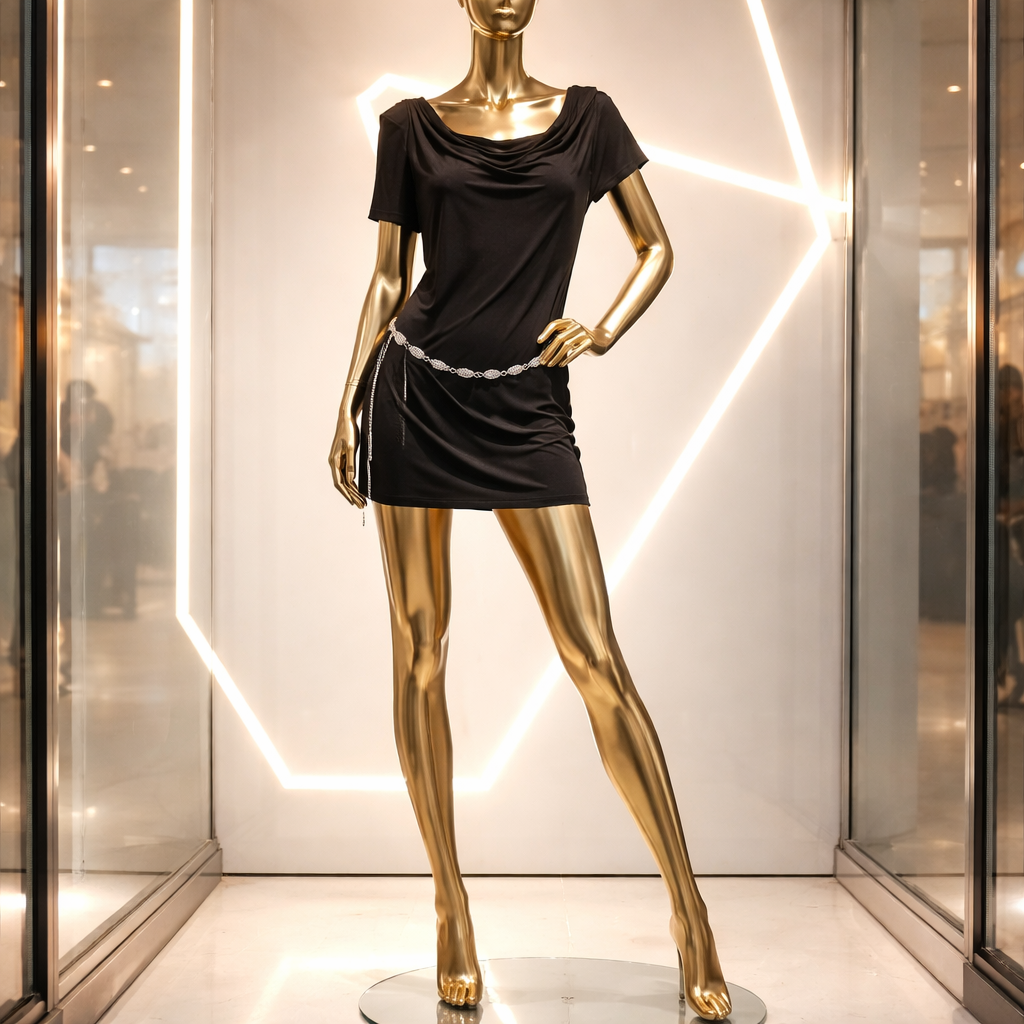 Gold mannequin wearing a black outfit in a store window setting