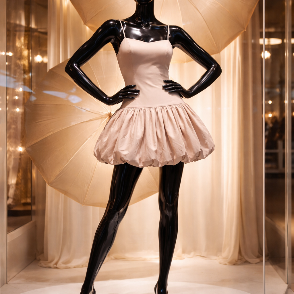 Mannequin wearing a white dress with black legs and arms, holding a large beige umbrella.