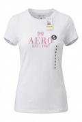 White t-shirt with pink text and graphics on a white background
