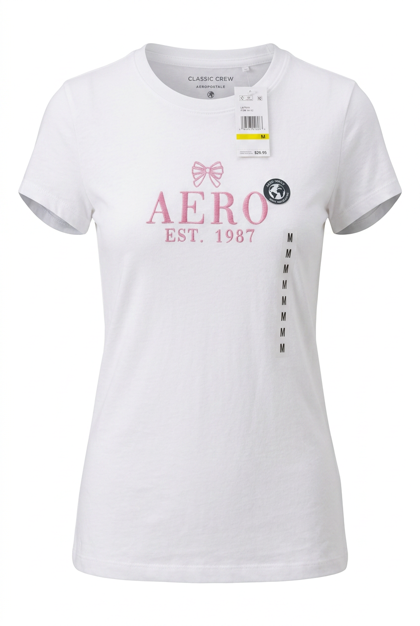 White t-shirt with pink text and graphics on a white background