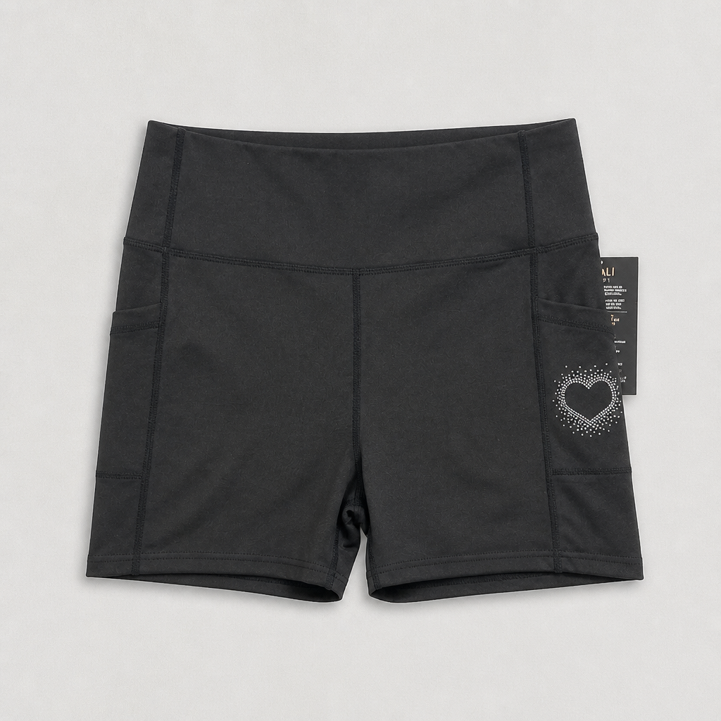Black athletic shorts with a heart design on a light gray background