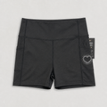 Black athletic shorts with a heart design on a light gray background