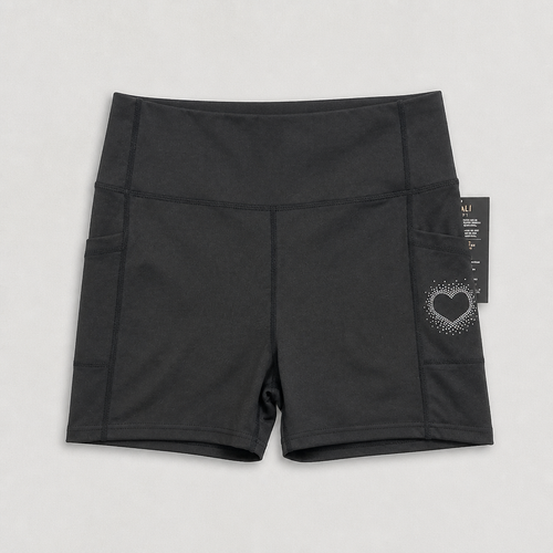 Black athletic shorts with a heart design on a light gray background