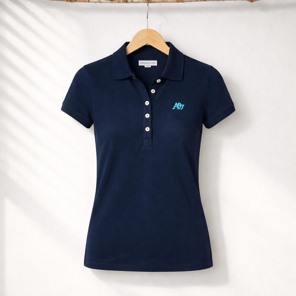 Navy blue polo shirt with a logo on a wooden hanger against a white background