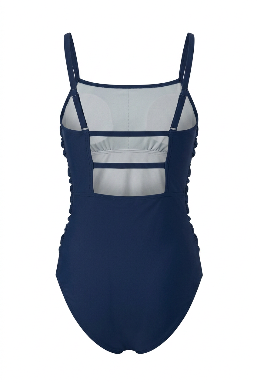 Navy blue swimsuit with mesh panels on a white background