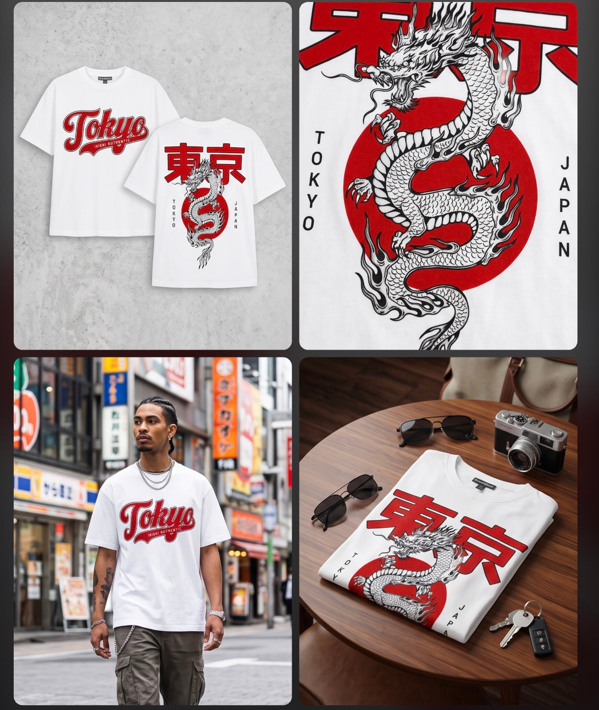 A collage showing a white graphic T-shirt from multiple angles and in use. The top panels show front and back views on a gray background, with a large red dragon and Japanese characters printed on the front and a smaller red Japanese character print on the back.