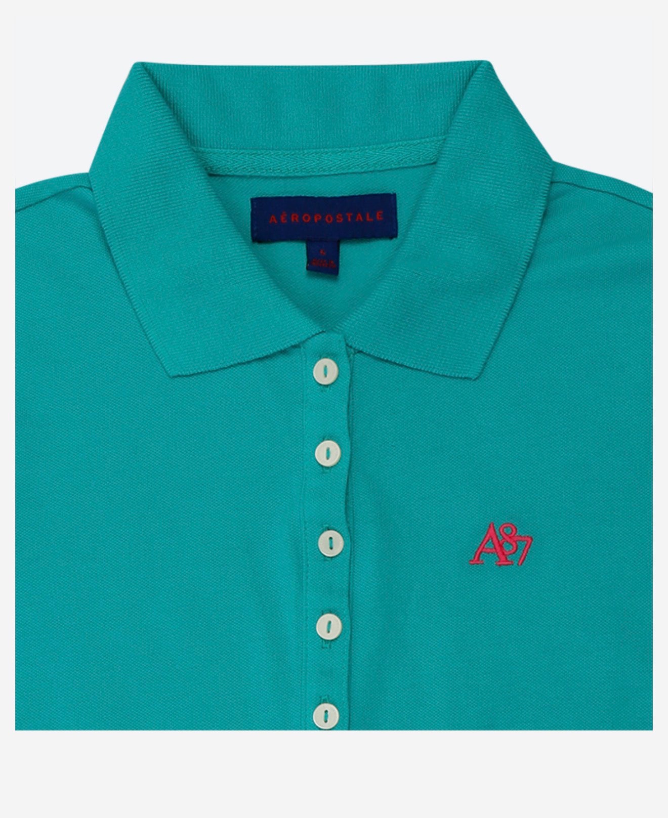 Teal polo shirt with brand logo on a light gray background