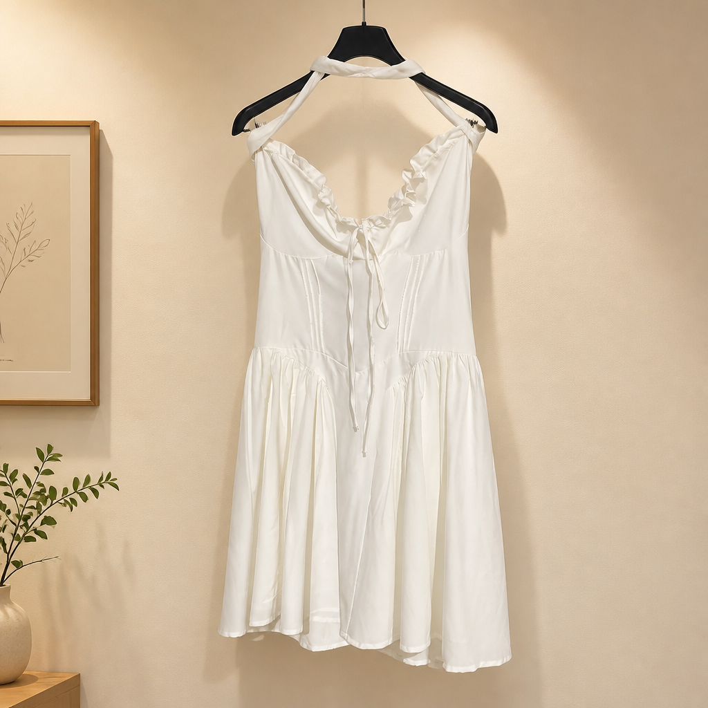 A white sleeveless halter dress with ruffled trim and a tie-front detail, hanging on a black hanger against a warm beige wall.