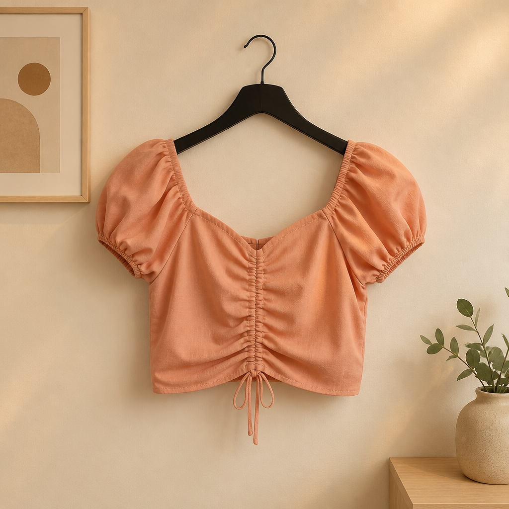 Peach-colored blouse with puff sleeves on a hanger against a beige wall.