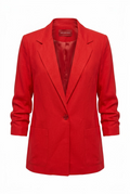 A bright red tailored blazer with notched lapels, a single front button, and front patch pockets, shown on a plain white background.