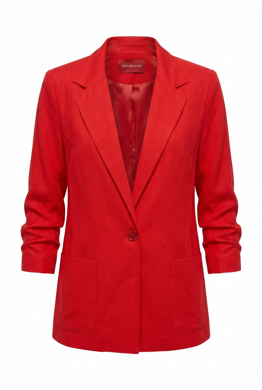 A bright red tailored blazer with notched lapels, a single front button, and front patch pockets, shown on a plain white background.