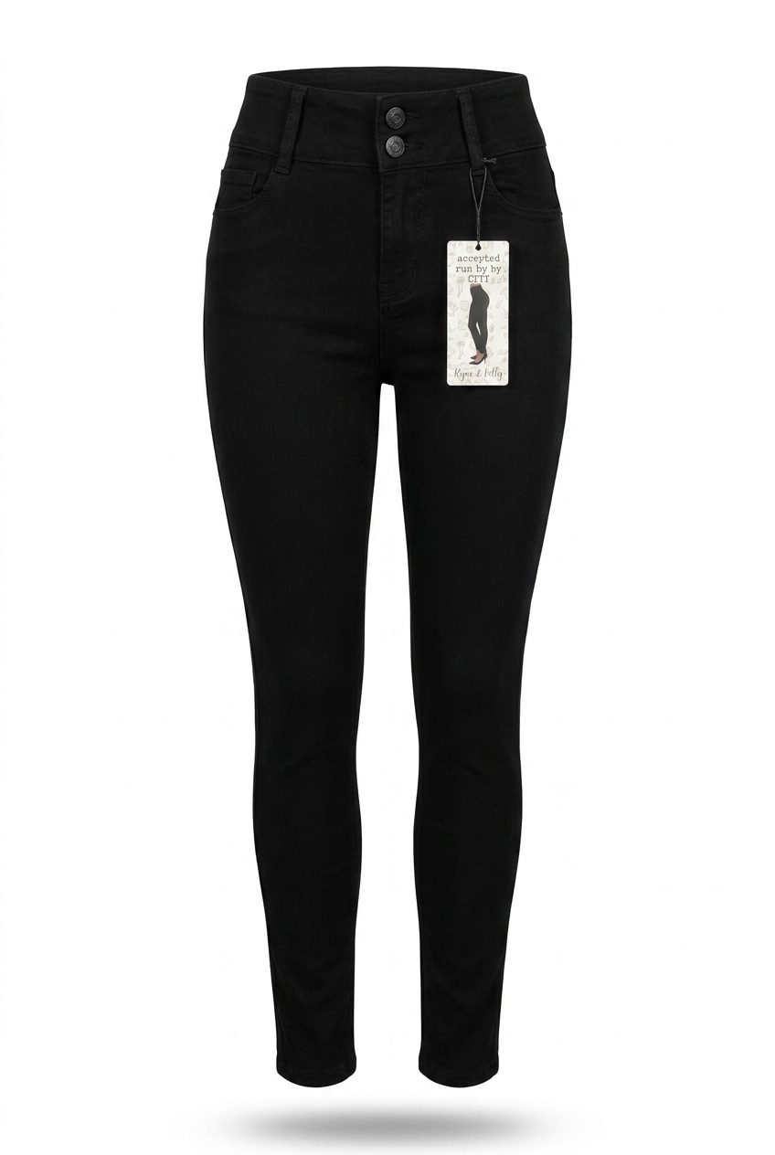 Black jeans with a tag on a white background
