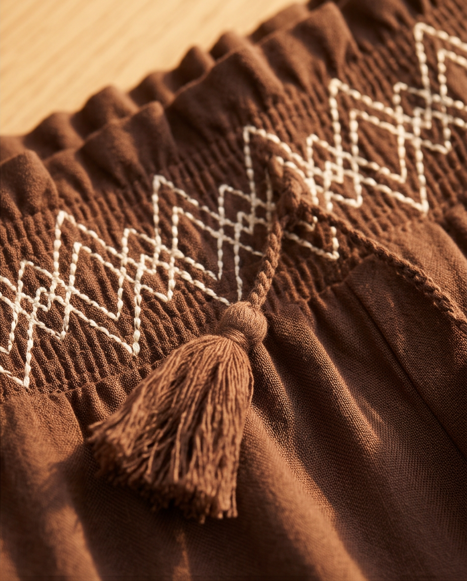 Brown fabric with white embroidered patterns and a tassel detail.