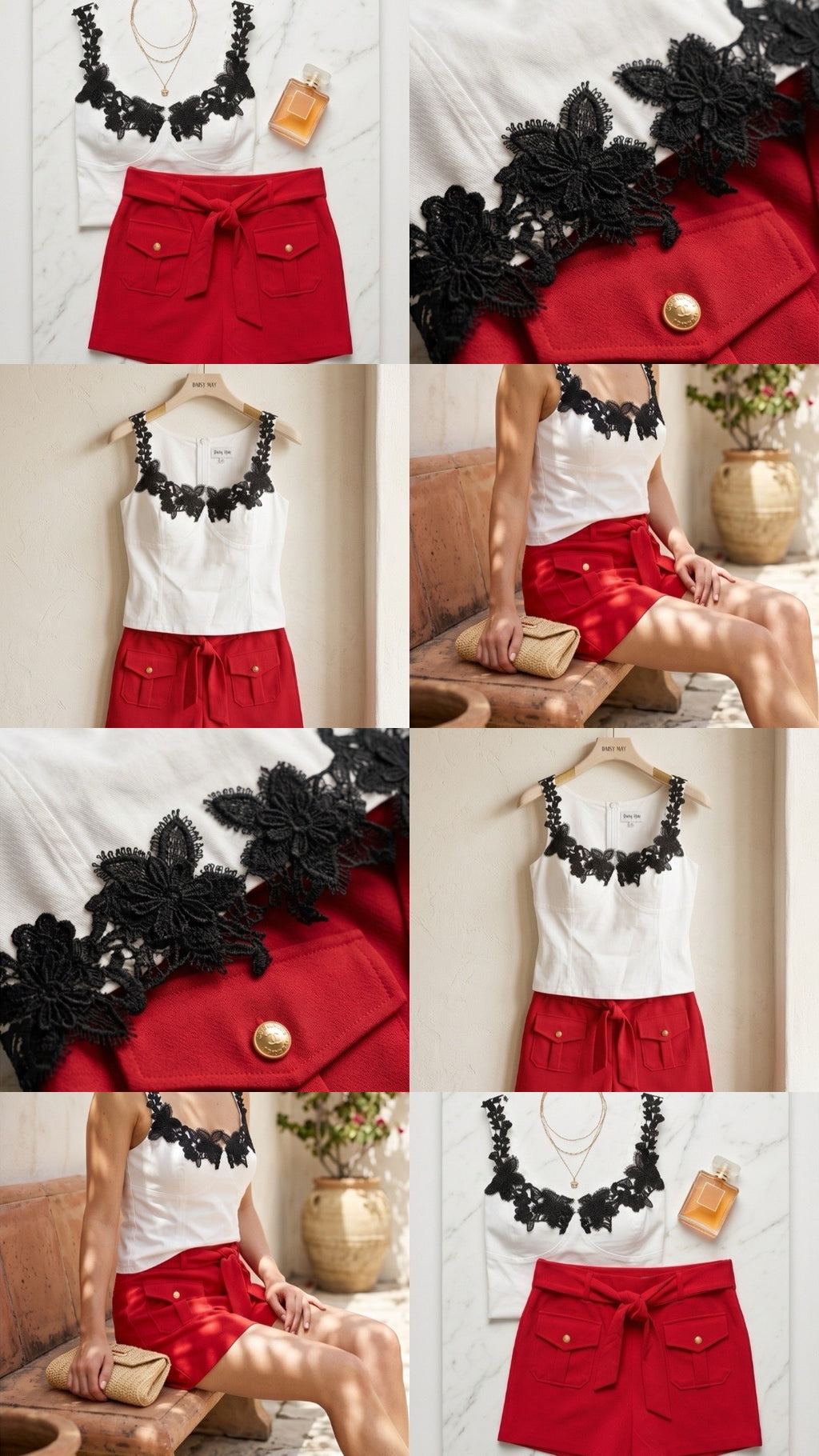Collage of a white top with black lace details, red skirt, and accessories.