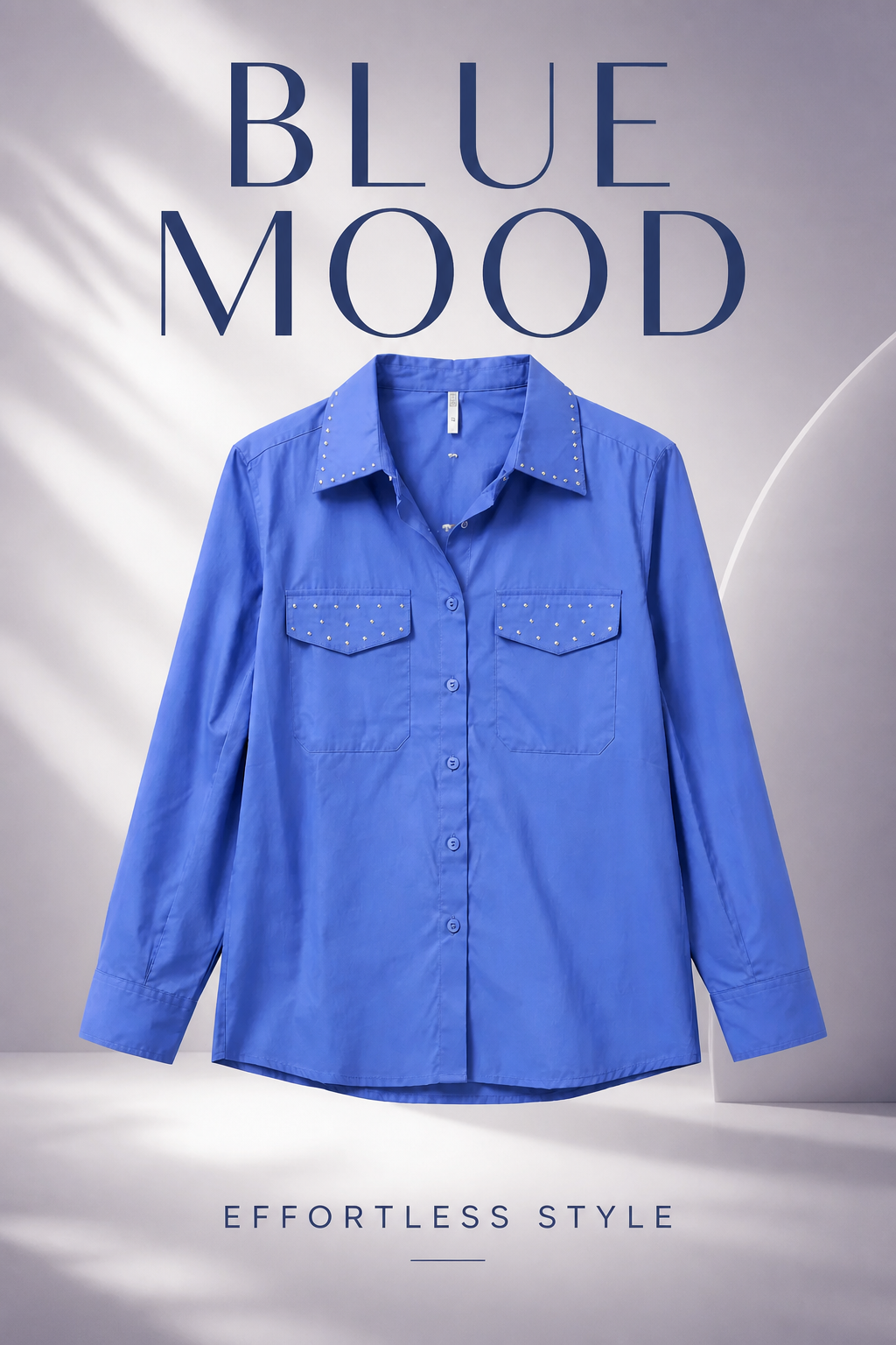 Blue shirt on a gray background with 'Blue Mood' text