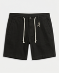 Black shorts with white drawstring on a light gray background