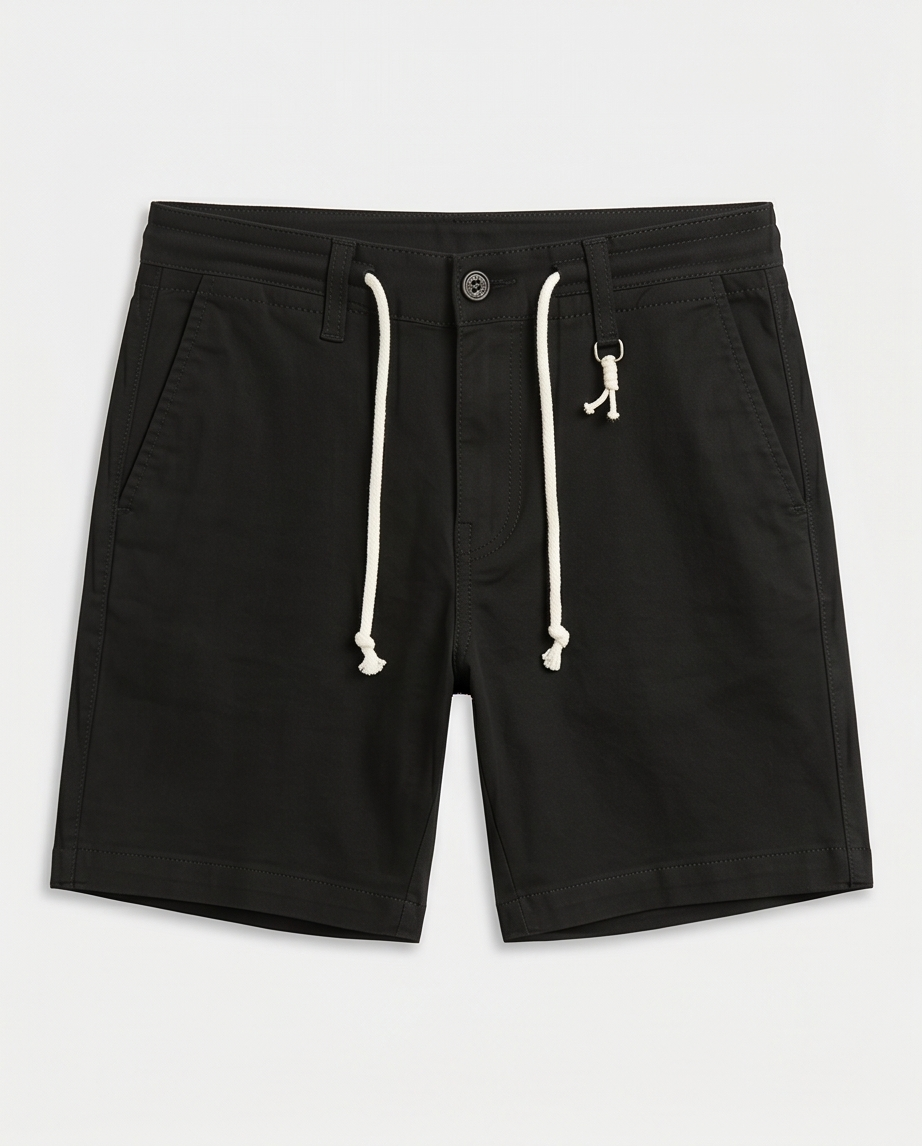 Black shorts with white drawstring on a light gray background