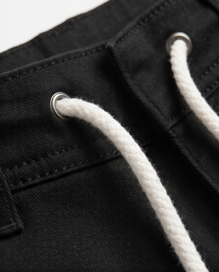 Close-up of black pants with white drawstring on a white background