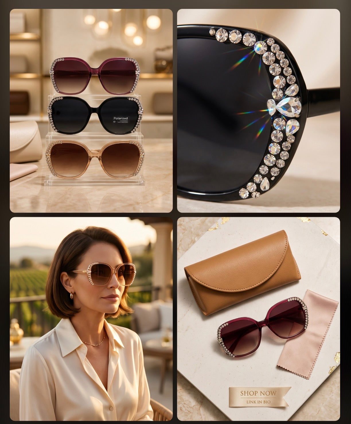 Oversized black sunglasses with purple polarized lenses – lifestyle shot"