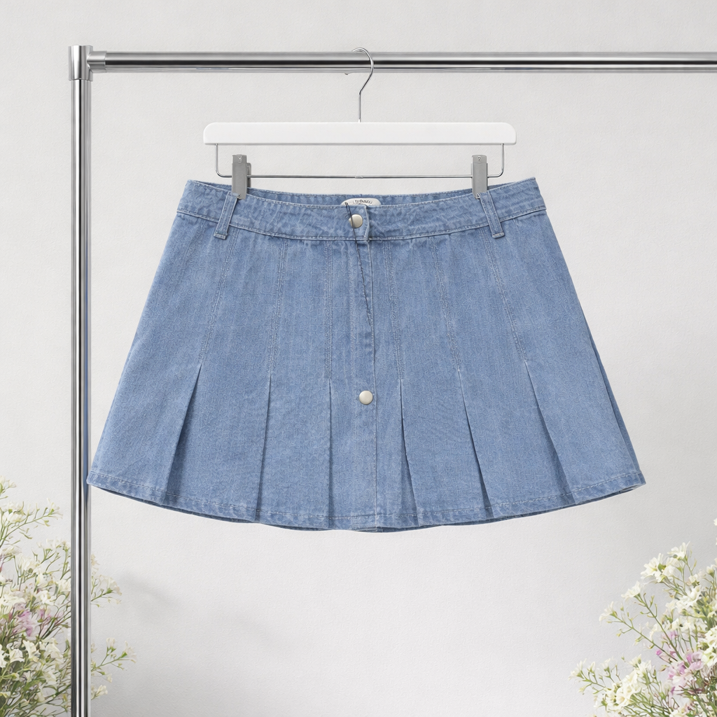 Blue denim skirt hanging on a rack with a white background