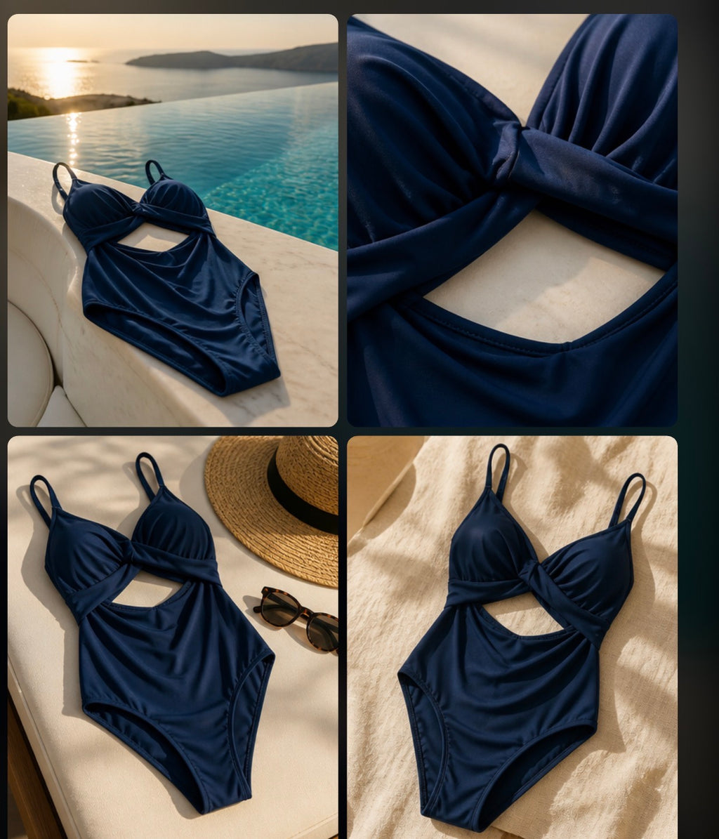 Navy blue swimsuit with cut-out design on a sunlit surface, poolside.