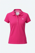 Pink polo shirt with a logo on a white background