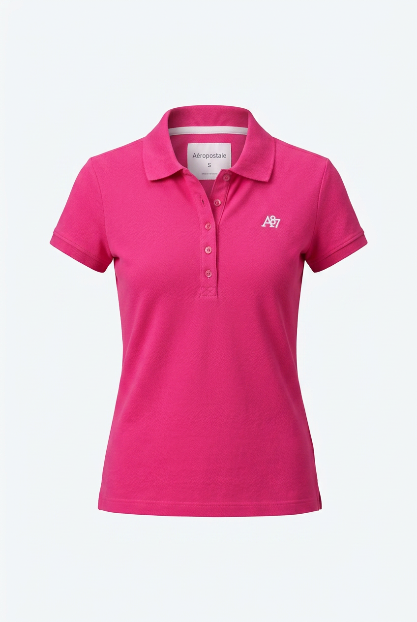 Pink polo shirt with a logo on a white background