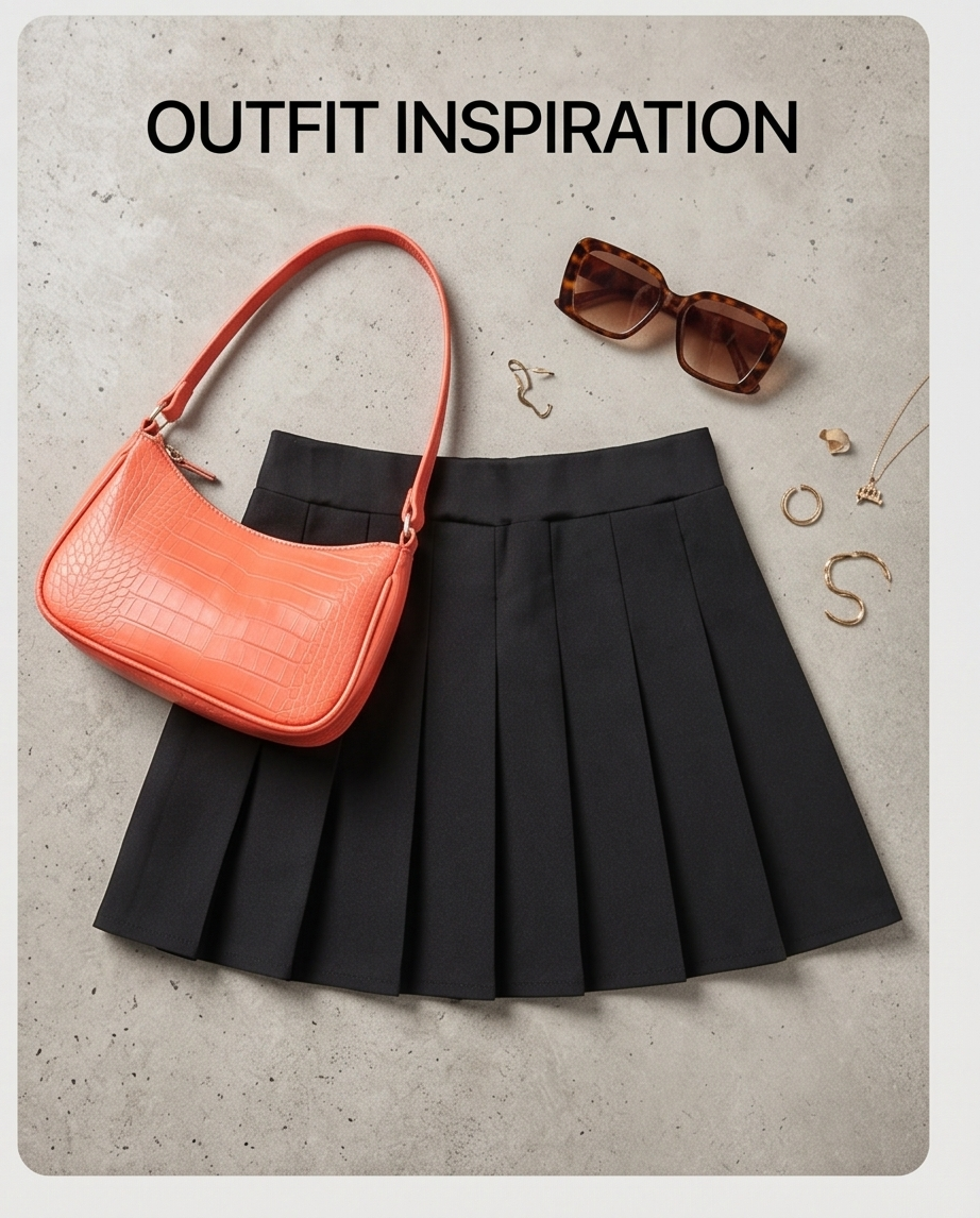 Black pleated skirt with orange handbag, sunglasses, and jewelry on a textured surface.