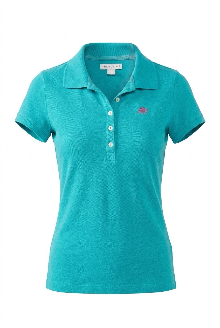 Teal polo shirt with a brand logo on a white background