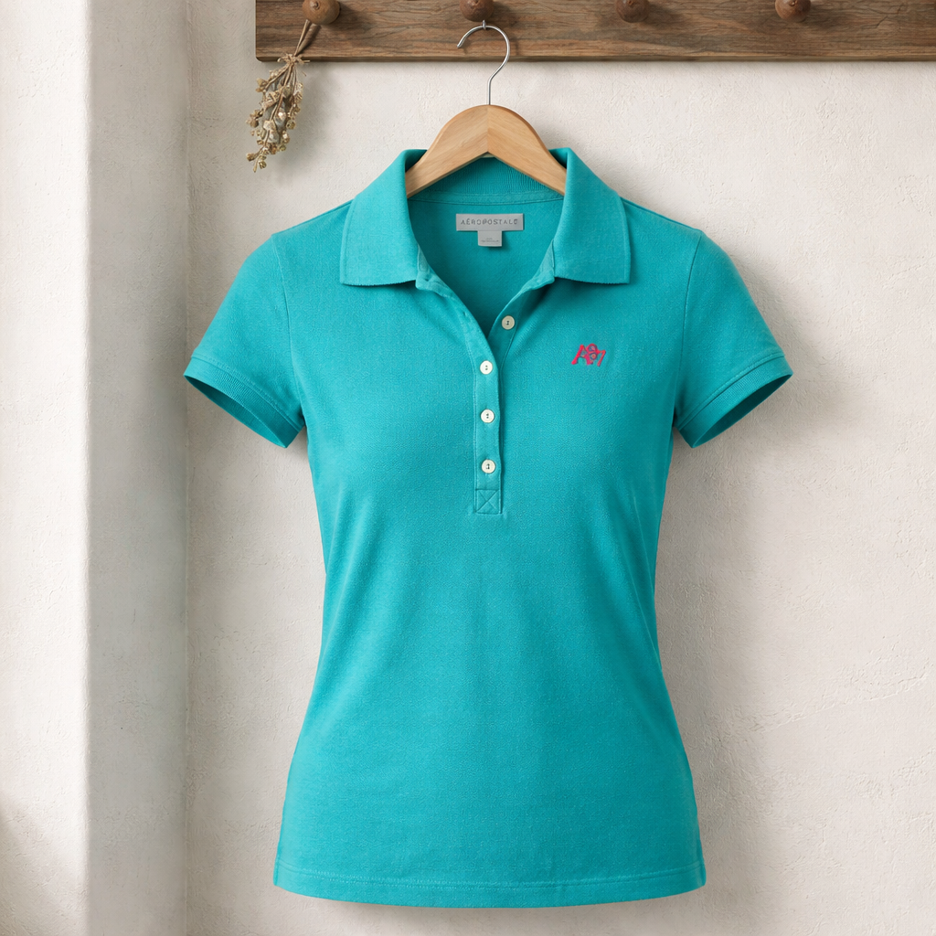 Teal polo shirt on a hanger against a neutral wall