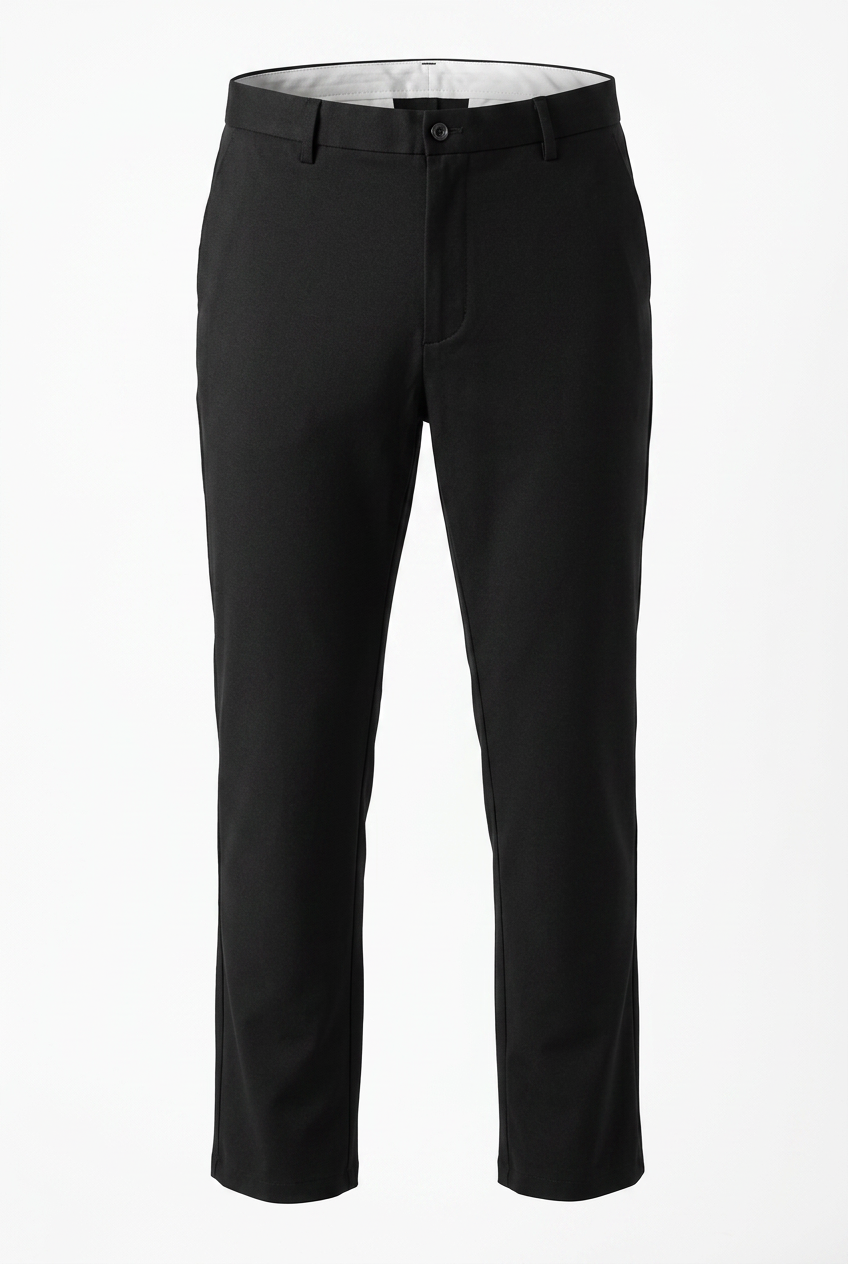 Black slim-fit trousers shown on a white mannequin against a plain white background.