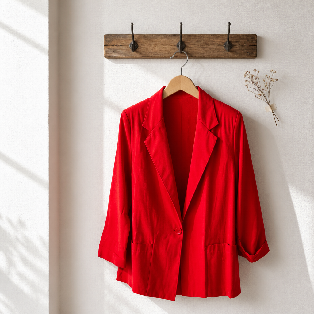 A bright red blazer jacket hanging on a wooden hanger from a rustic wooden coat rack against a white wall with soft window shadows.
