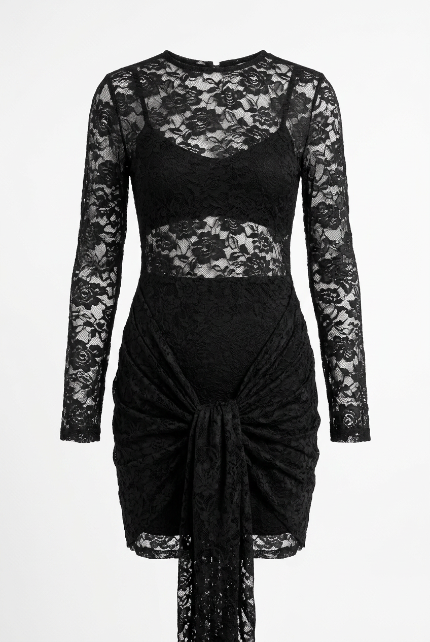 A black lace long-sleeve dress with a sheer floral lace bodice, a ruched waist, and a draped tie-front hem, shown against a plain white background.