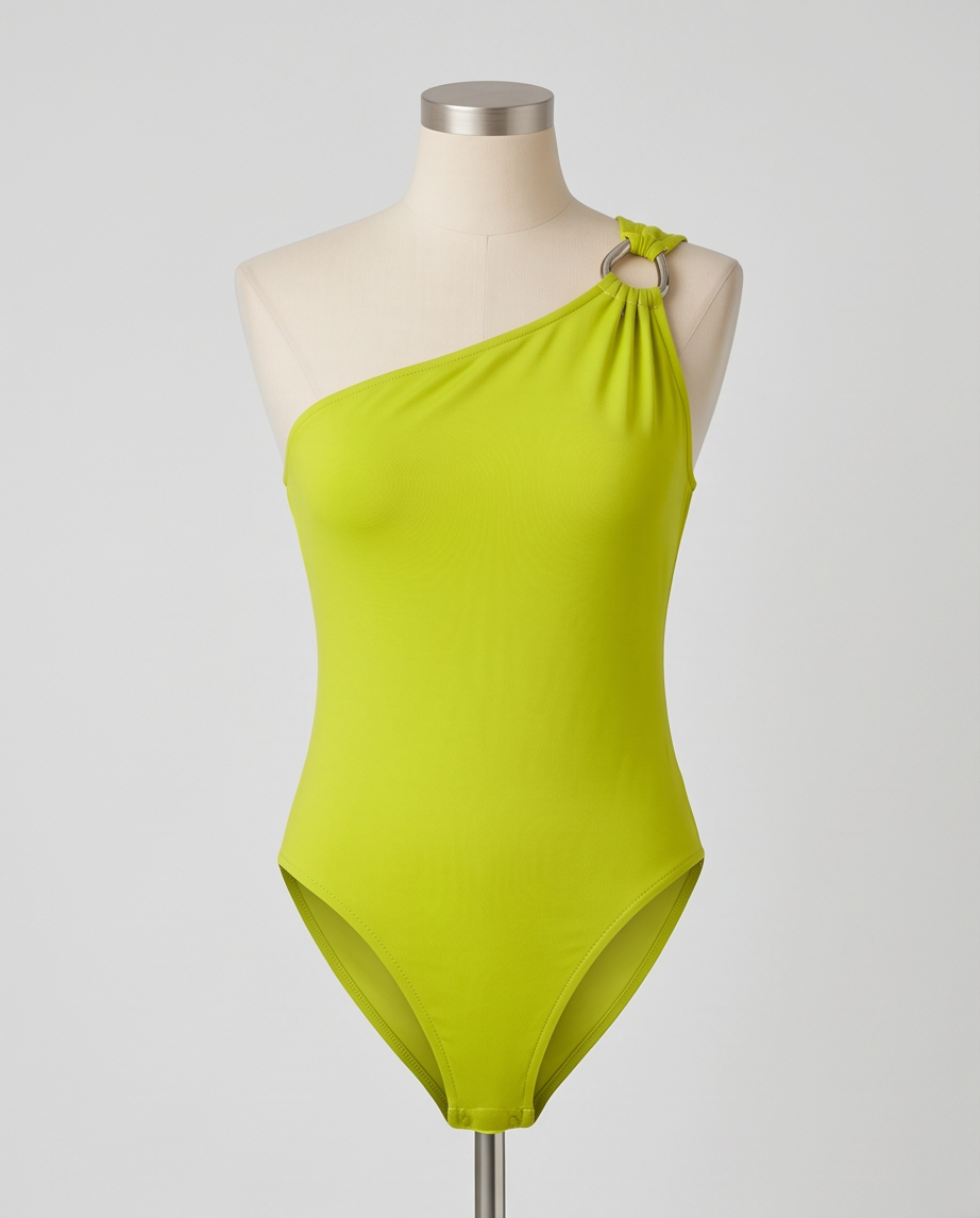 Green one-shoulder swimsuit on a mannequin against a gray background