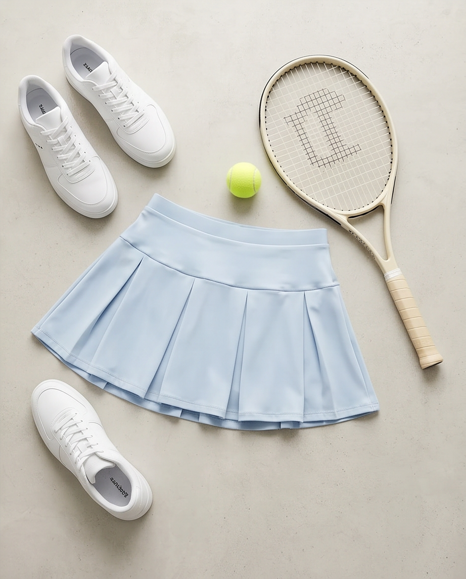 Light blue tennis skirt with white sneakers, tennis ball, and racket on a beige background