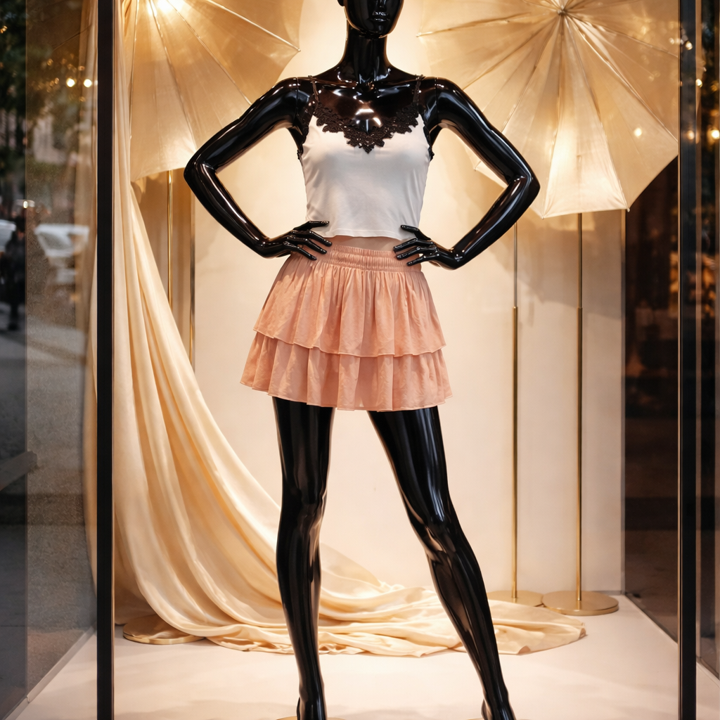 Mannequin wearing a white top and pink skirt with black glossy finish in a store window setting.