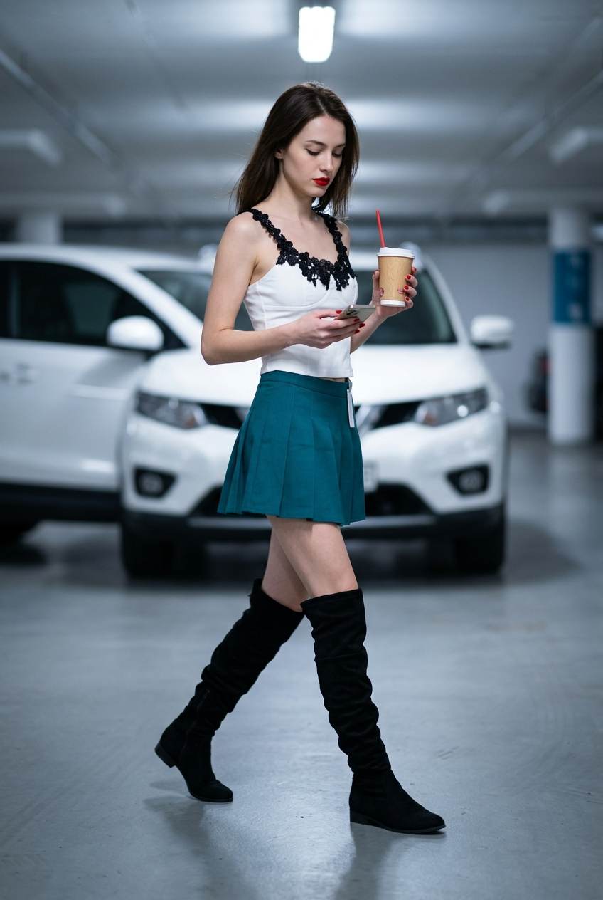 Woman in a parking garage holding a coffee cup