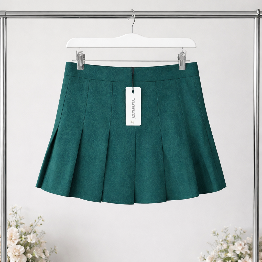Green pleated skirt on a hanger with a white background