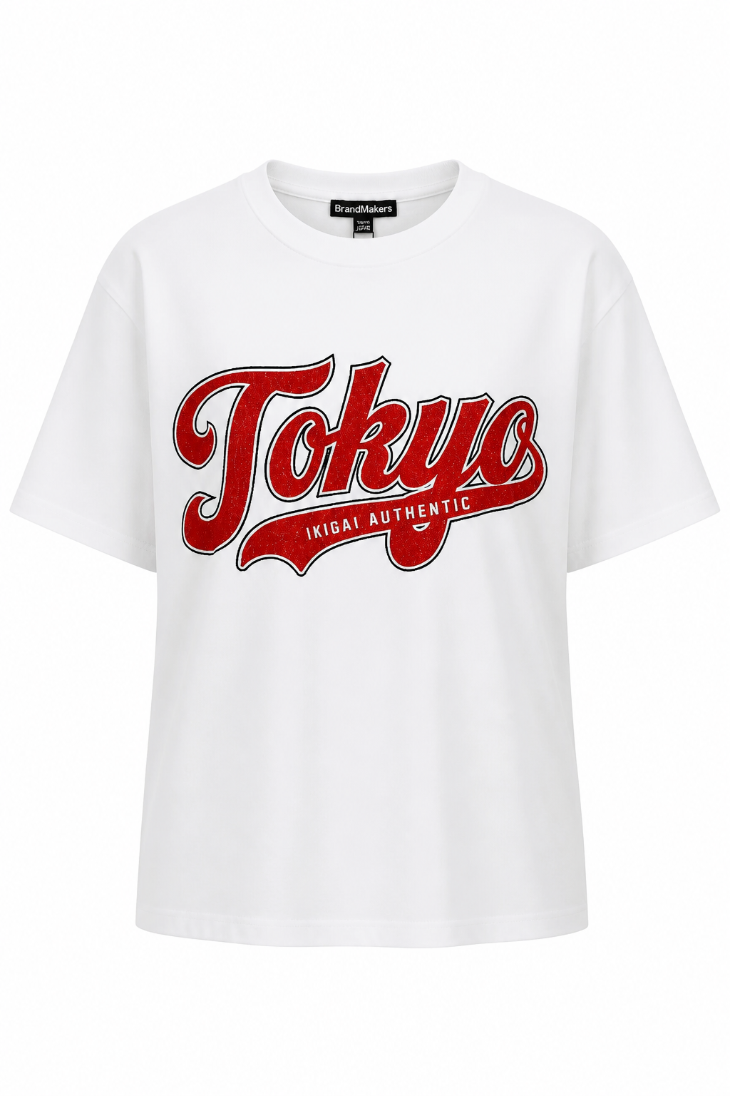 A white short-sleeve crewneck t-shirt featuring a large red graphic print on the front that reads 'Tokyo IKUGAI AUTHENTIC'.