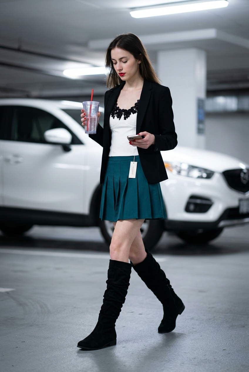 Woman in a parking garage holding a drink and phone, wearing a black blazer, white top, green skirt, and black knee-high boots.