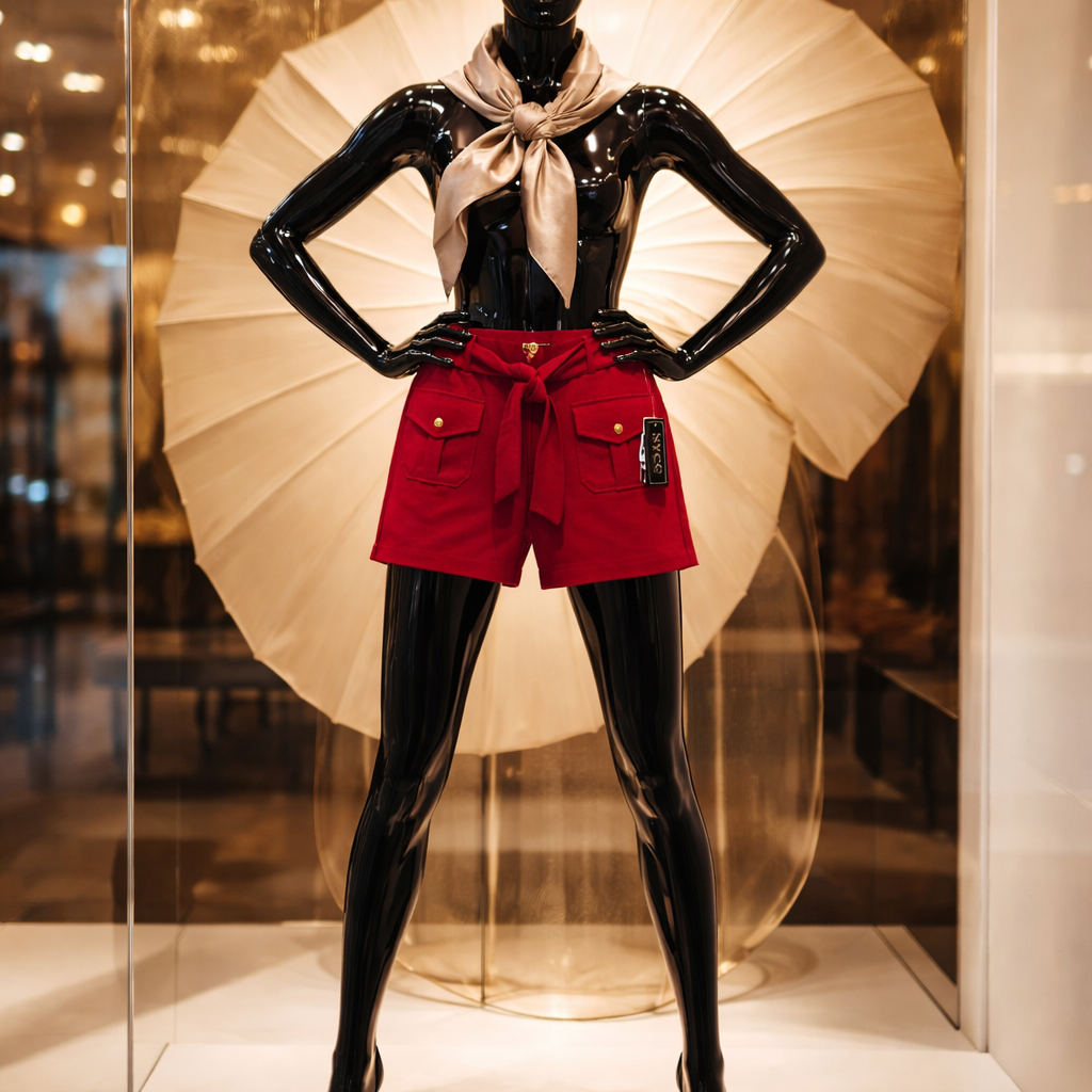 Mannequin wearing a black outfit with red shorts in a store window setting