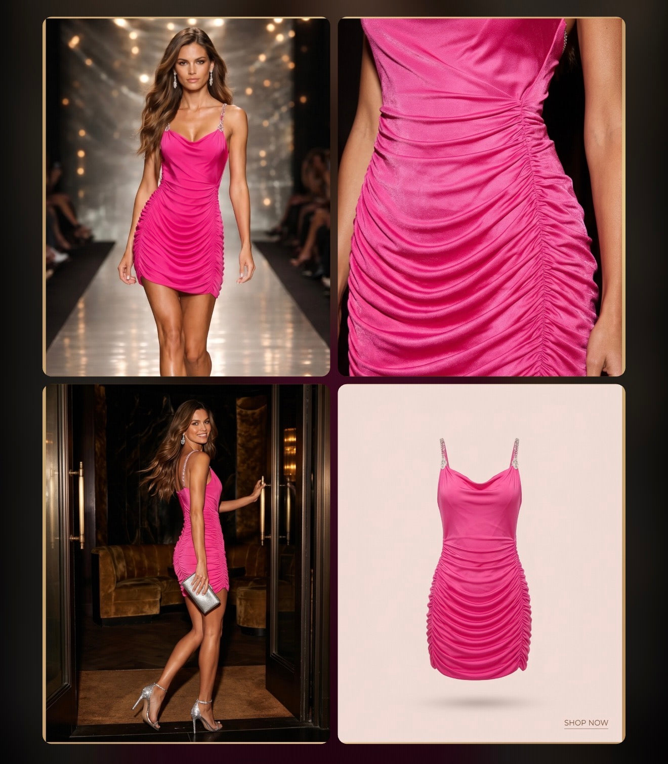 Collage of a pink dress worn by a model on a runway and in various settings.