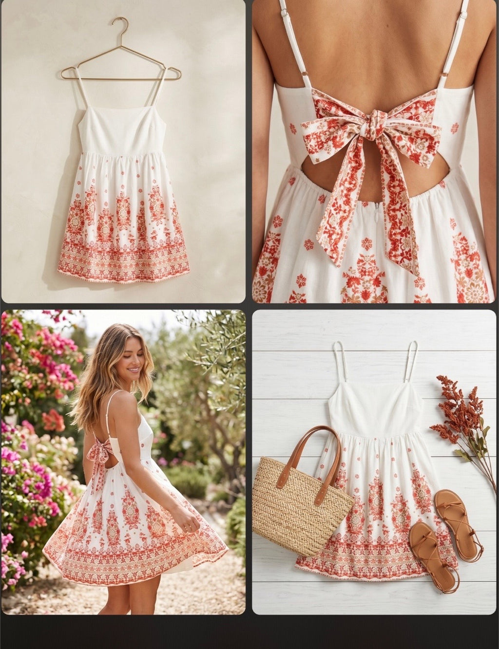 Collage of a white dress with red floral pattern, including a hanger, on a person, in a garden, and with accessories.
