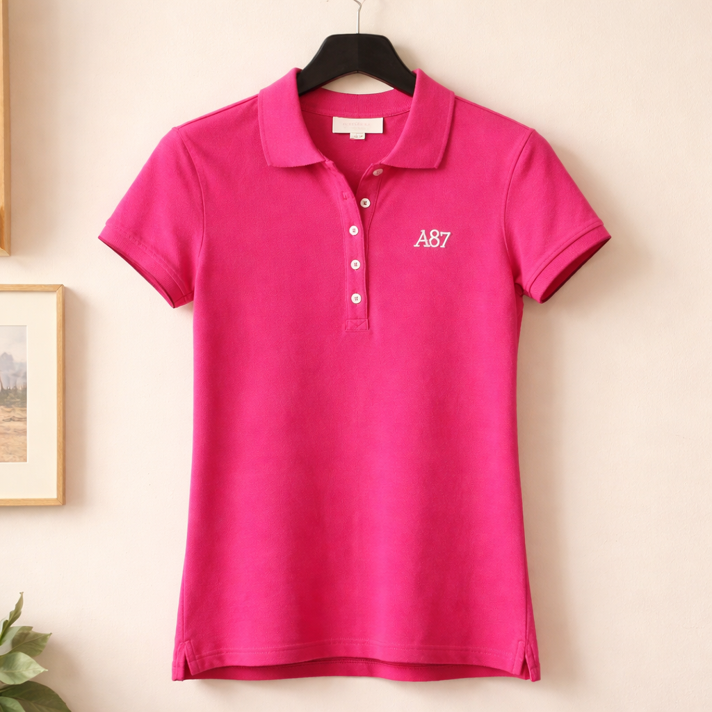 Pink polo shirt with 'A87' logo on a hanger against a beige wall.