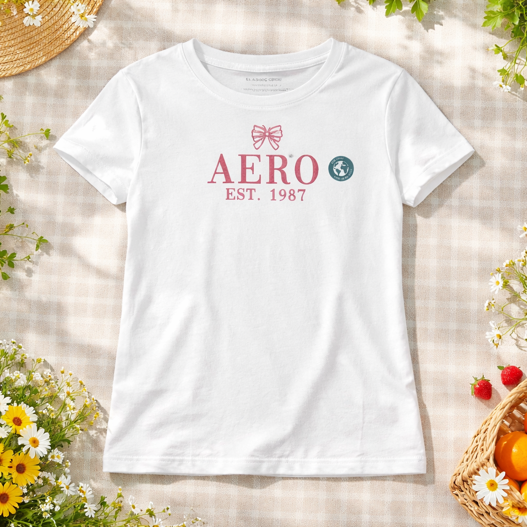 White t-shirt with 'AERO EST. 1987' logo on a light wooden surface with flowers and a straw hat.