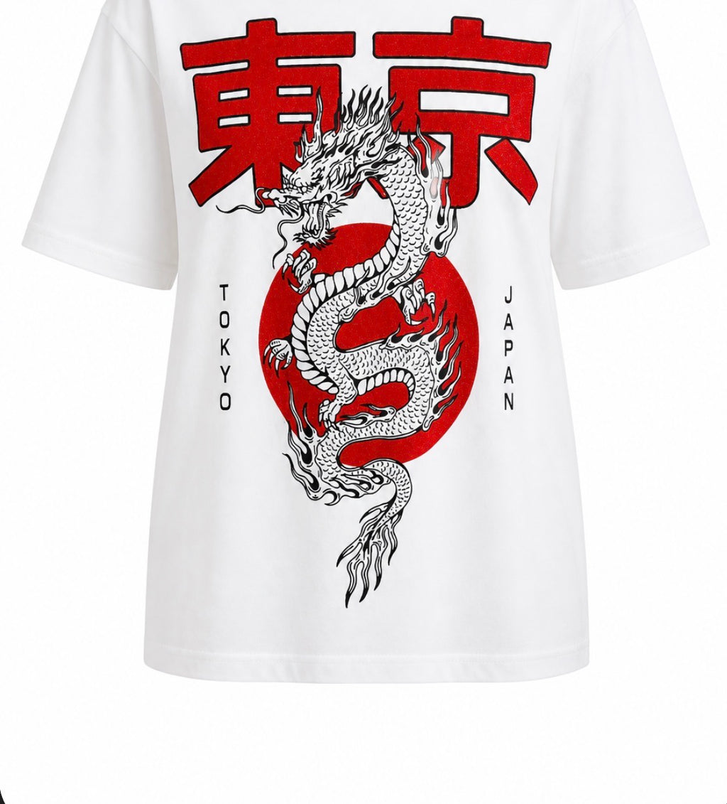 White short-sleeve T-shirt with a large red and black graphic print featuring a dragon, Japanese characters, and the words 'TOKYO' and 'JAPAN'.