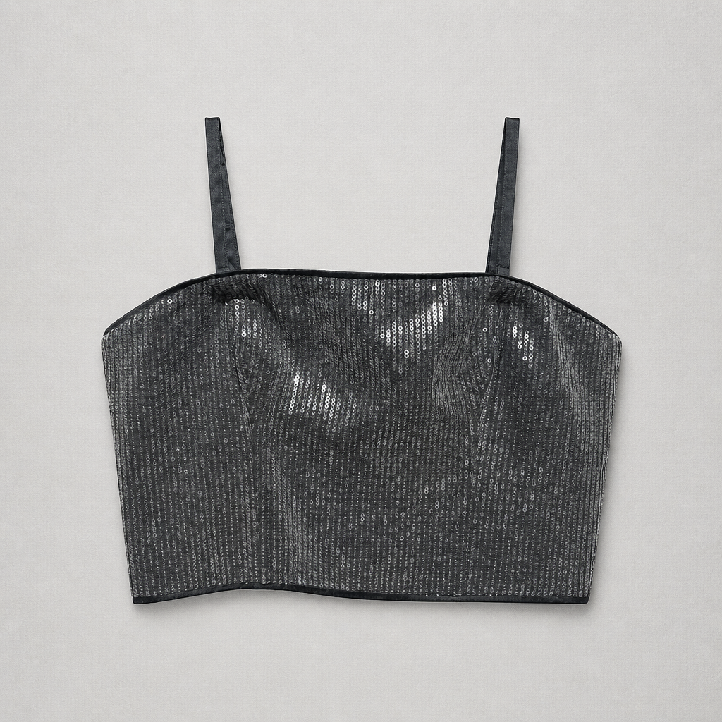 Black sequin crop top on a light gray background