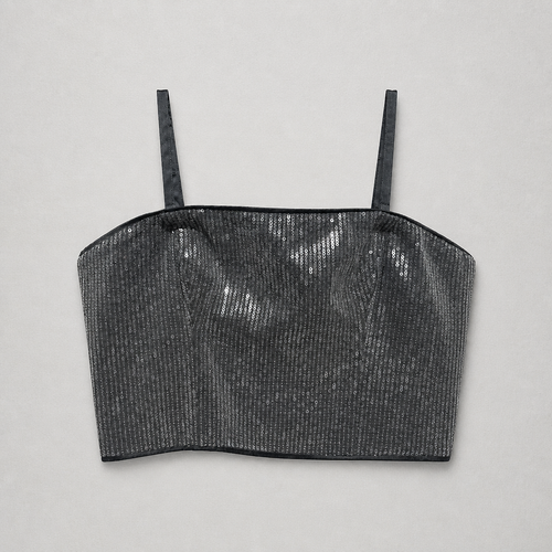 Black sequin crop top on a light gray background